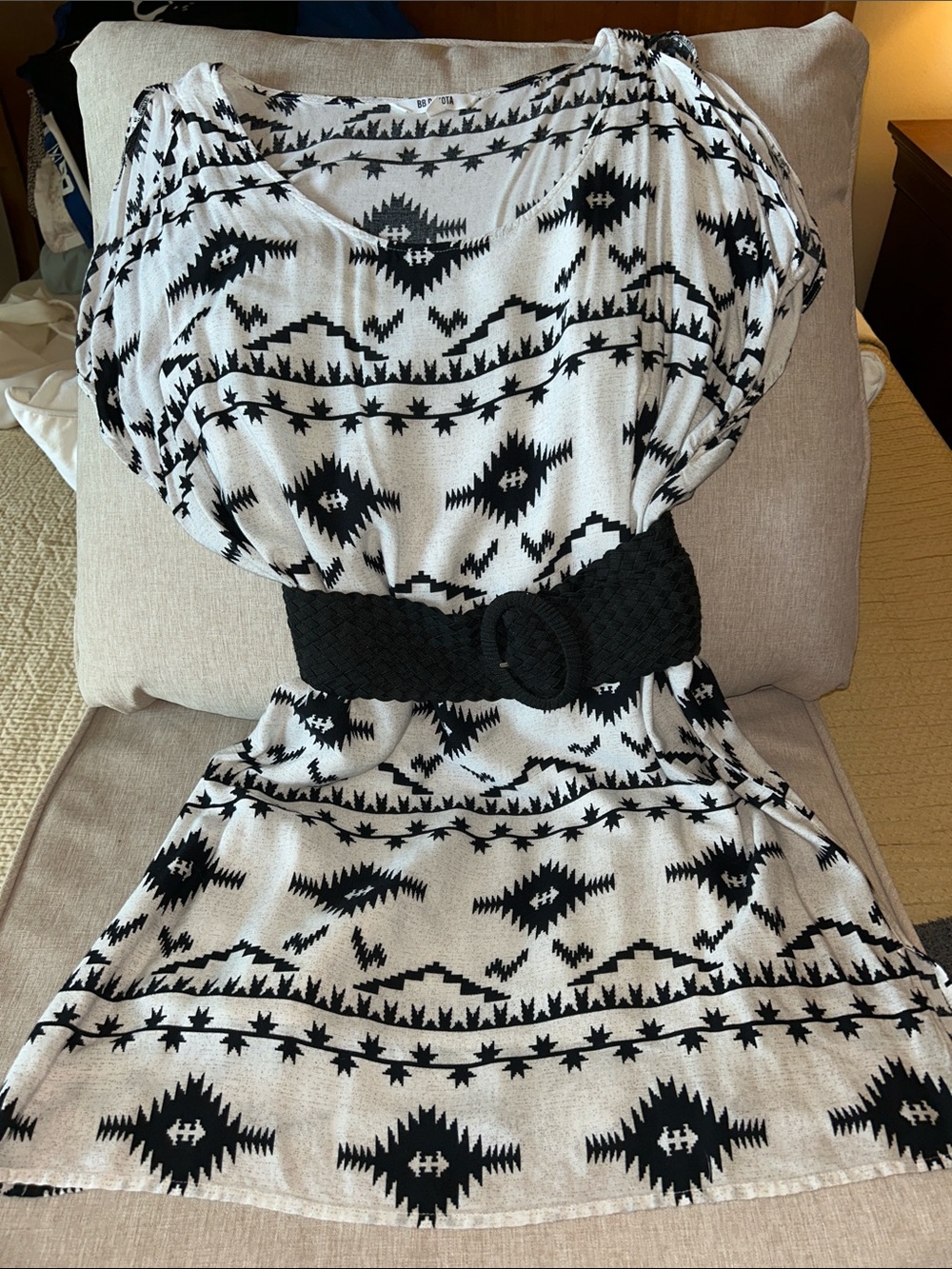 BB Dakota Black & White Aztec Mini Dress with Woven Waist Belt